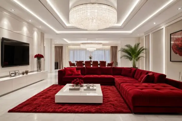 A large crimson sectional seating piece over a vibrant ruby rug in a bright upscale room.