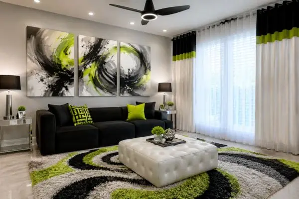 A matte black small modular sofa with three visible blocks in a lime green and gray luxury living room.