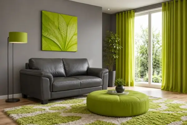 A single compact charcoal grey leather sofa in a modern grey and lime green living room.