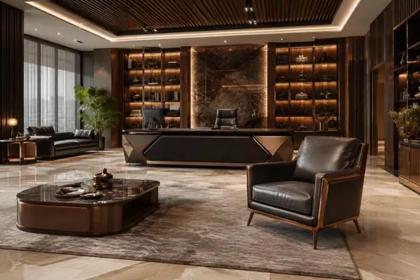 Luxury leather office sofa chair with bronze metallic frames in a premium executive office.