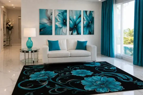 A compact small white leather two-seater sofa on a black and turquoise floral rug.