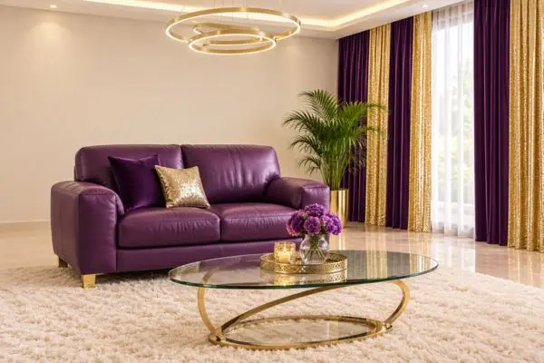 A single compact plum purple leather sofa placed in a clean beige living room.