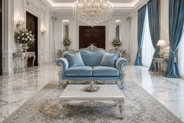 Royal sky blue small loveseat sofa with silver carvings on white marble floor.