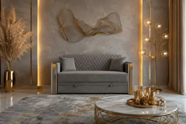 Compact grey 2 seater small pull out sofa in a luxury grey and gold living room layout.