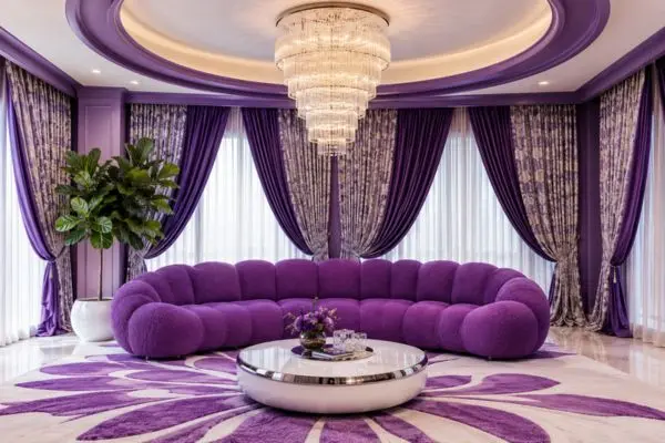 Vibrant purple seating furniture in a luxury violet living room with layered crystal chandelier