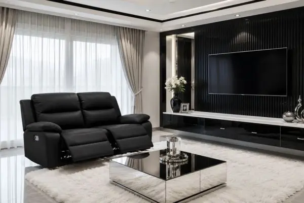 A modern black leather small reclining sofa with extended footrests in a luxury living room with a TV wall.