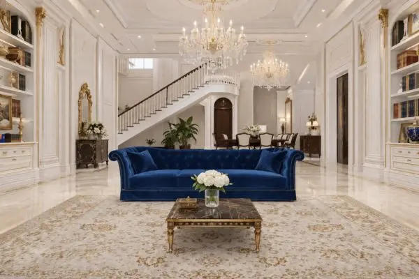 A front-facing luxury dark colorful couch placed in a grand white mansion living room hall with a staircase.