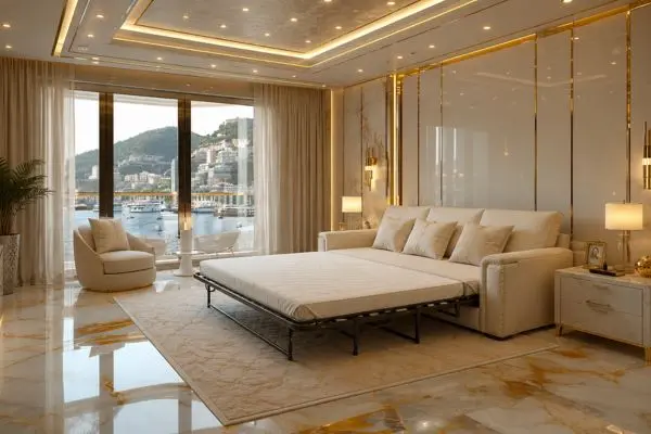 Luxury cream leather upholstery with a harbor city view.