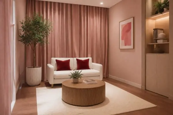 A compact small white two-seater loveseat sofa against a soft pink curtain backdrop.