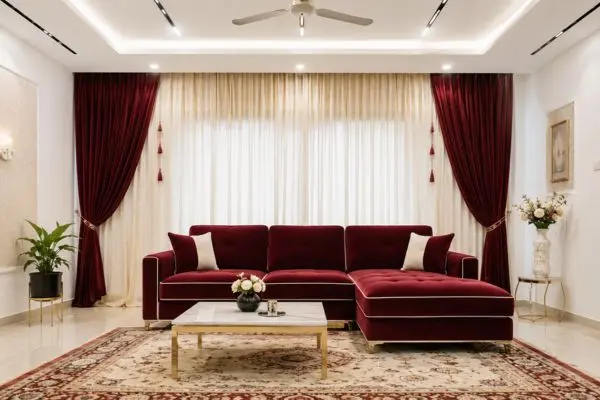 Maroon velvet small sectional sofa design in a modern luxury living room.