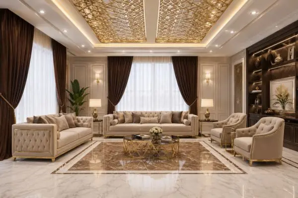 Elegant beige tufted couches and dark brown velvet curtains inside a luxury traditional living room.