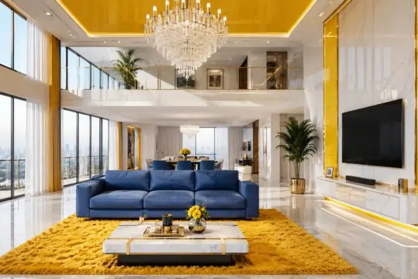 A single modern blue fabric sofa on a yellow rug in a luxury living room design.