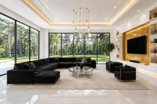 Premium modern dark couches arranged on a cream rug in a bright living room with large glass windows.