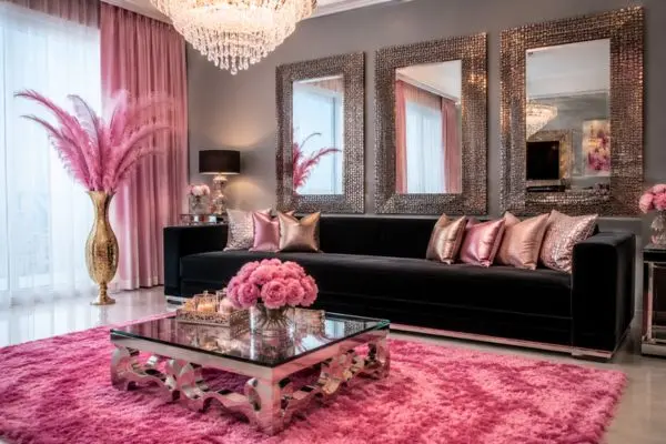 Luxury black velvet couch styled with rose gold pillows on a plush pink rug