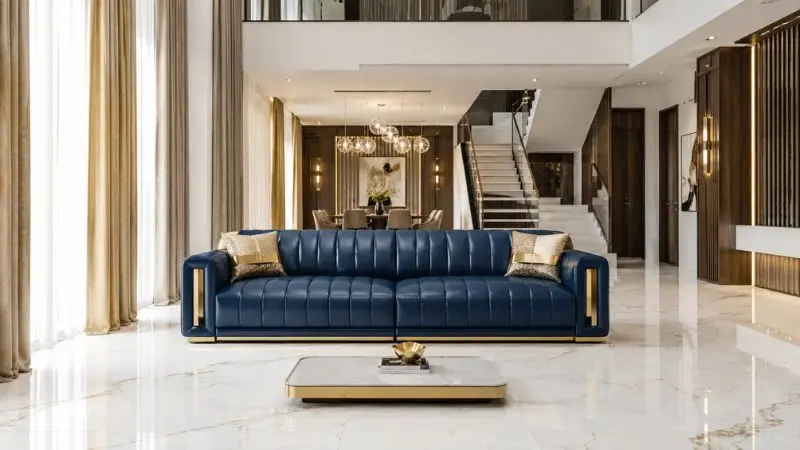 Modern blue leather sofa in a luxury bright living room layout.