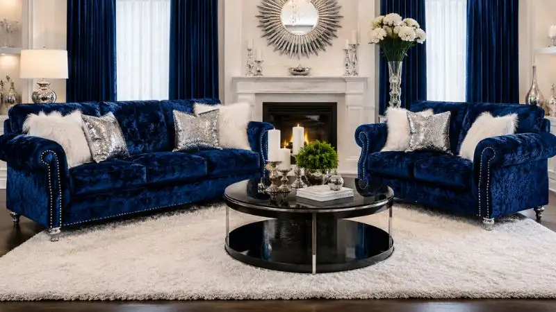 Royal blue velvet sofa and loveseat set in a luxury living room layout.
