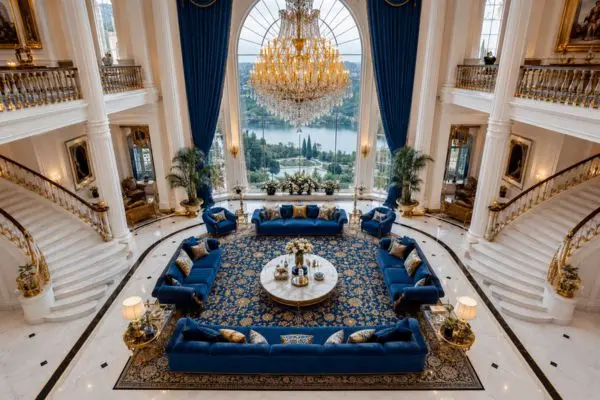 Multiple pure blue sofas arranged in a luxury double-height grand living room layout.
