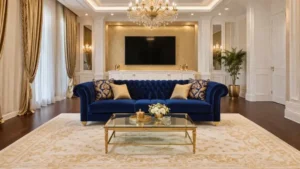 A luxury front-facing blue velvet sofa in a modern white and gold living room.