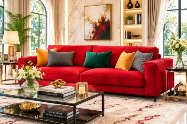 A bright luxury living room displaying a modern red sofa with emerald green and mustard cushions.