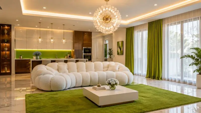 White bubble sofa on a green rug in a modern open plan living room