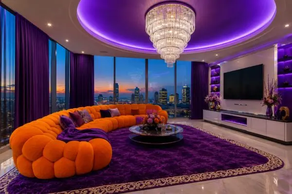 Vibrant orange modular seating couch on a deep purple shag rug in a luxury penthouse