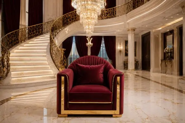 Luxury burgundy velvet single sofa chair with gold frame in a grand lobby.