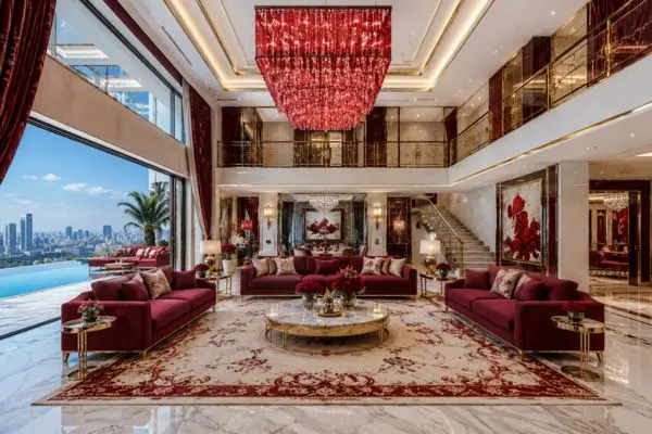 Grand ruby red velvet seating arrangement inside a luxury double-height penthouse living room with a city view.