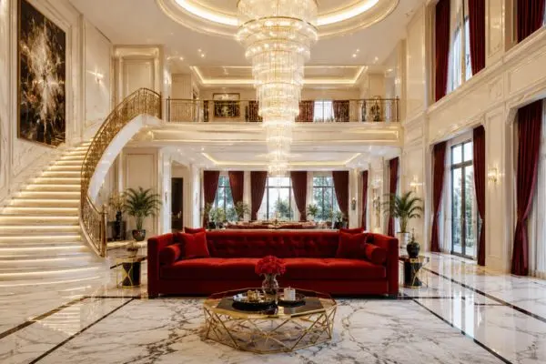 A single deep crimson tufted seating piece in a grand double-height mansion with a curved lighted staircase.