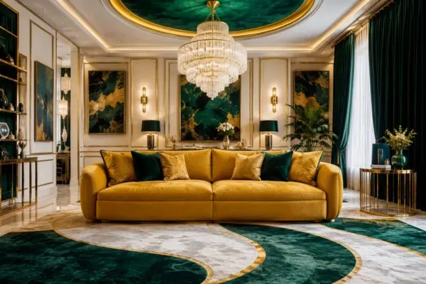 A luxury mustard yellow couch in an elegant emerald green and gold living room with a crystal chandelier.