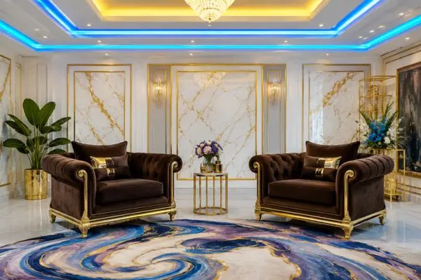 Two premium chocolate brown velvet chairs with gold borders on an abstract multi-colored swirl rug.