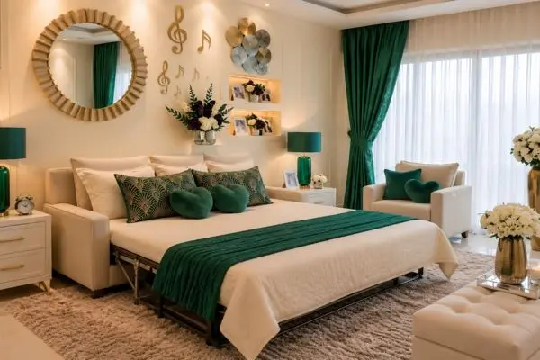 Cream and emerald green luxury furniture piece setup.