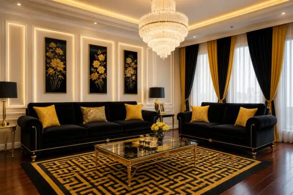 Deep onyx black velvet couches with vibrant mustard yellow cushions in a luxury modern room.