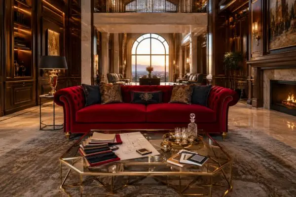 A royal velvet chesterfield couch displayed in a luxury mansion for furniture quality consideration.
