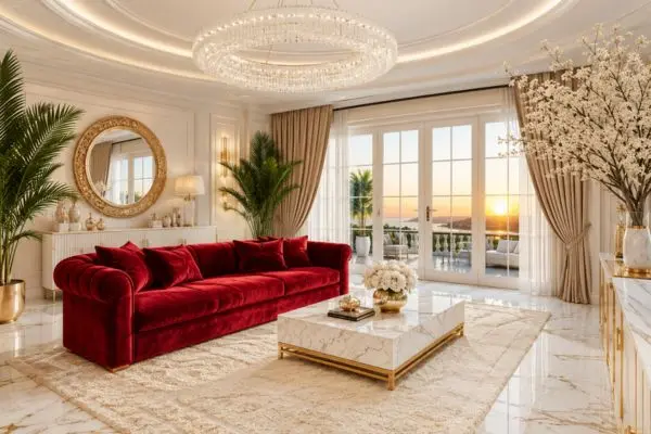 Vibrant crimson upholstered couch placed inside a bright luxury living room with white marble floors and gold accents.