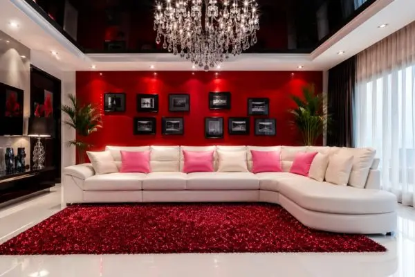 Pristine white leather seating decorated with a beautifully fluffed set of soft blush cushions