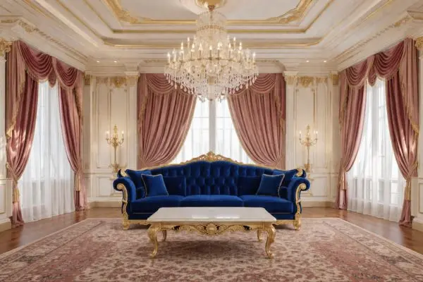 A luxury vibrant front-facing elegant couch centered in a grand baroque style rose-gold living room.