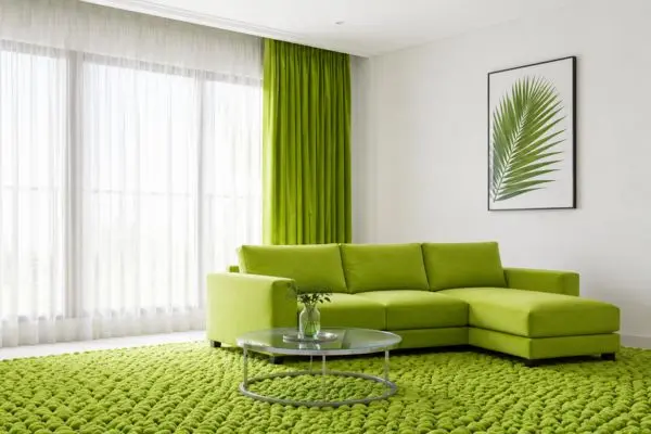 A single modern lime green corner couch over a textured green bubble rug.