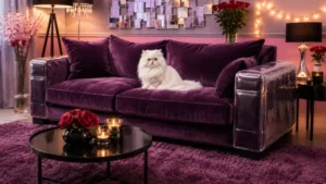 A fluffy white cat sitting on a purple velvet couch with a clear Cat Couch Protector installed.