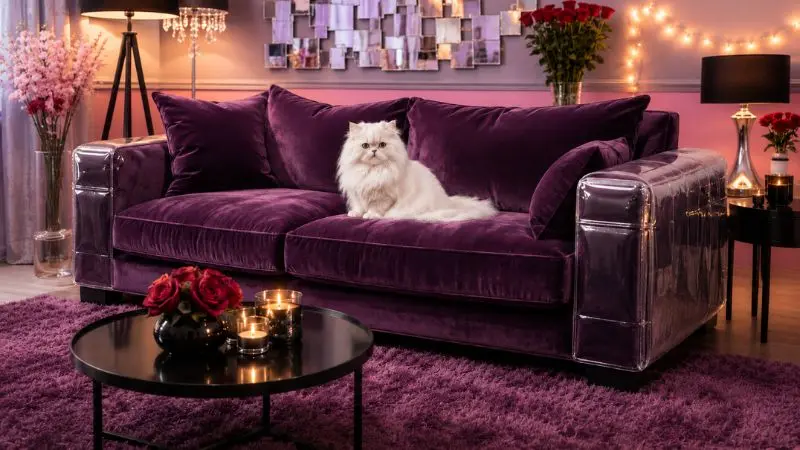 A fluffy white cat sitting on a purple velvet couch with a clear Cat Couch Protector installed.