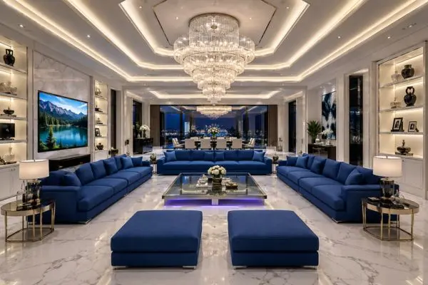 Multiple large pure blue sofas arranged in a luxury penthouse living room layout.