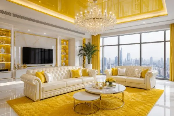 Cream leather sofa and loveseat set in a modern yellow luxury penthouse living room.