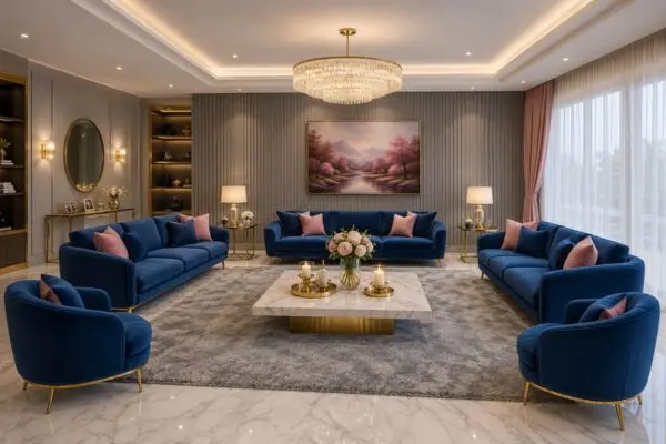 Multiple luxury tailored couches arranged neatly in a warm interior layout with pastel pink accents.