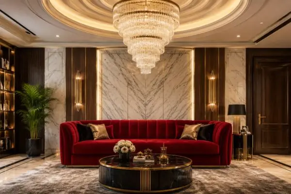 Vibrant crimson upholstered couch placed inside a luxurious living room with a grand crystal chandelier and marble walls.
