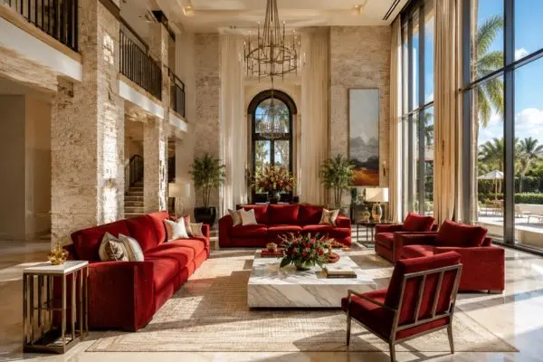A bright luxury living room arrangement with perfectly balanced neutral decor and ample natural light.