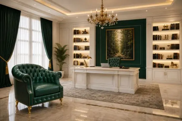 Luxury emerald green tufted leather armchair with golden legs in a royal white office.