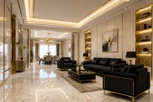 Premium dark seating units styled perfectly in a bright luxury hallway layout with warm gold accents.