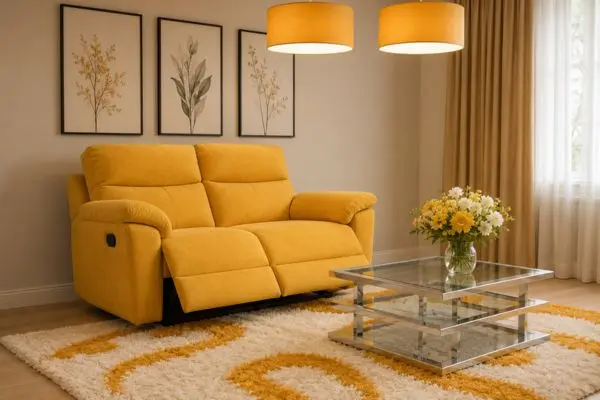 Mustard yellow adjustable loveseat couch with open footrests arranged below three black framed botanical wall art pieces.