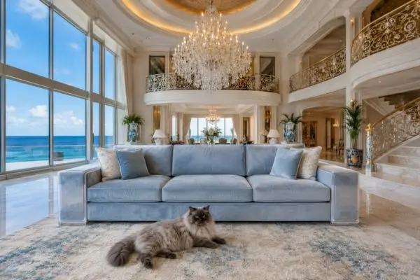 A fluffy long-haired grey Siamese-Persian cat sitting near a light blue couch with transparent protectors.
