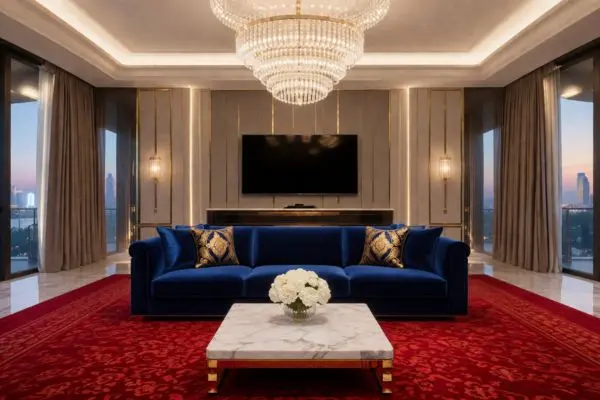 A luxury vibrant front-facing elegant couch centered in a modern gray and bright red styled living room.