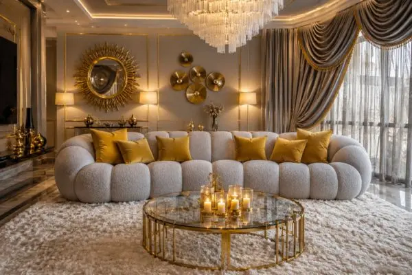 Light gray modular seating with gold pillows in a luxury interior with a large crystal chandelier